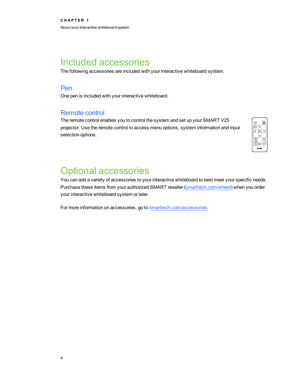 Included accessories, Remote control, Optional accessories | Smart Technologies SMARTBoard 480iv User Manual | Page 14 / 88