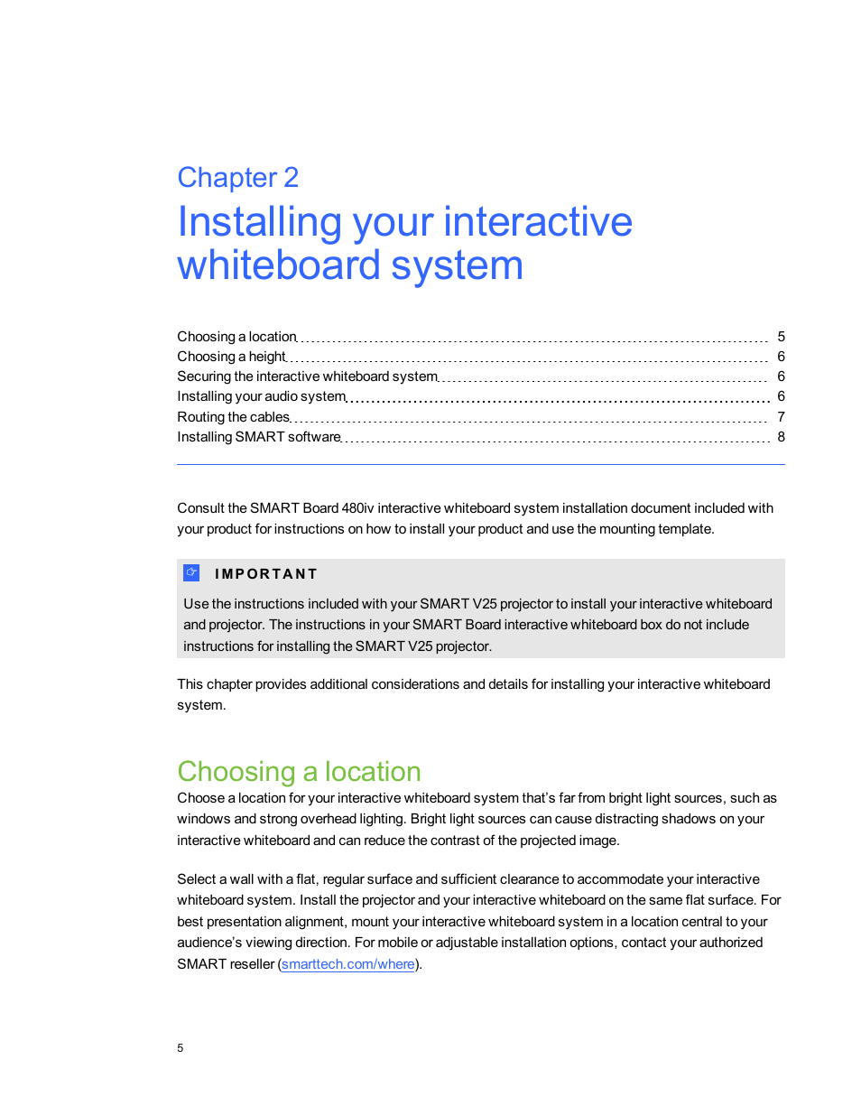 Choosing a location, Chapter 2 | Smart Technologies SMARTBoard 480iv User Manual | Page 15 / 88