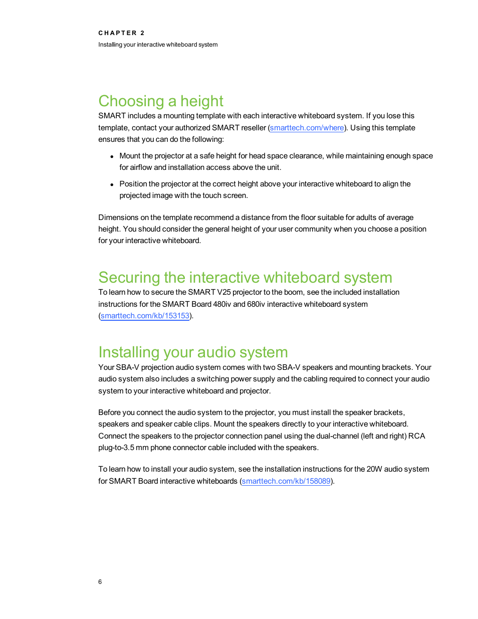 Choosing a height, Securing the interactive whiteboard system, Installing your audio system | Smart Technologies SMARTBoard 480iv User Manual | Page 16 / 88