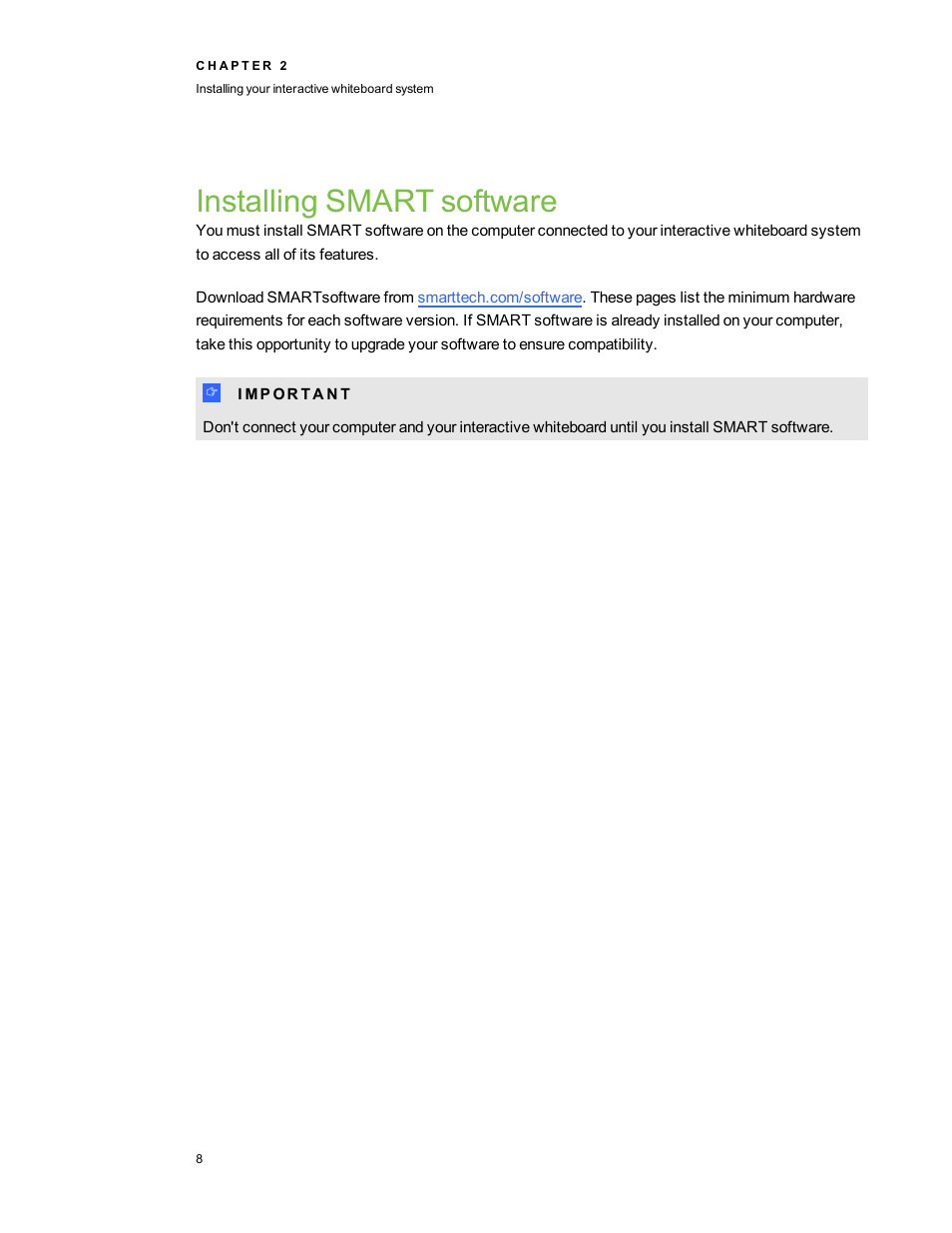 Installing smart software | Smart Technologies SMARTBoard 480iv User Manual | Page 18 / 88