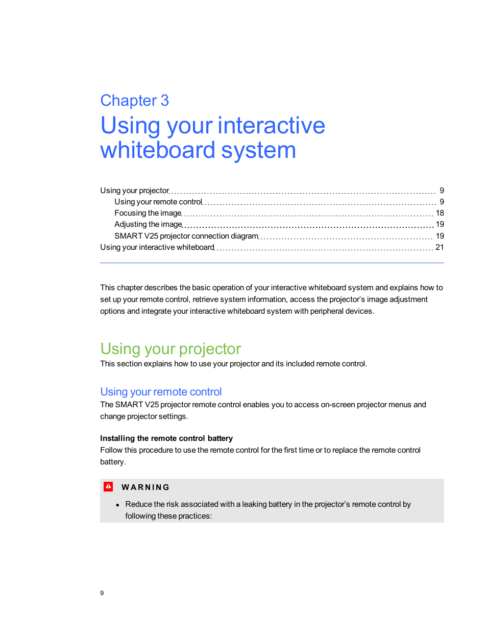 Using your projector, Using your remote control, Installing the remote control battery | Chapter 3 | Smart Technologies SMARTBoard 480iv User Manual | Page 19 / 88