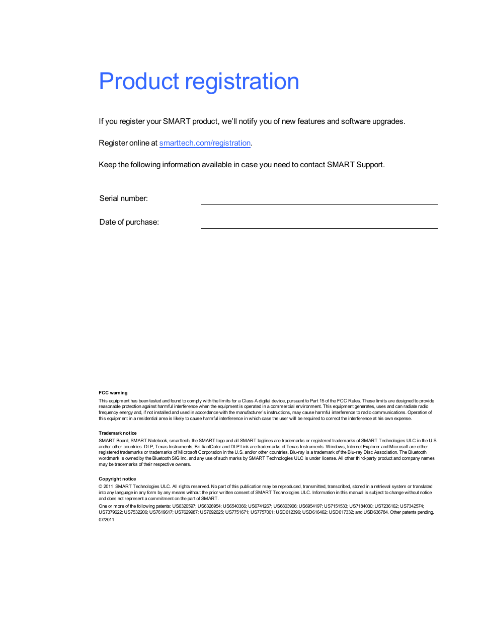 Product registration | Smart Technologies SMARTBoard 480iv User Manual | Page 2 / 88