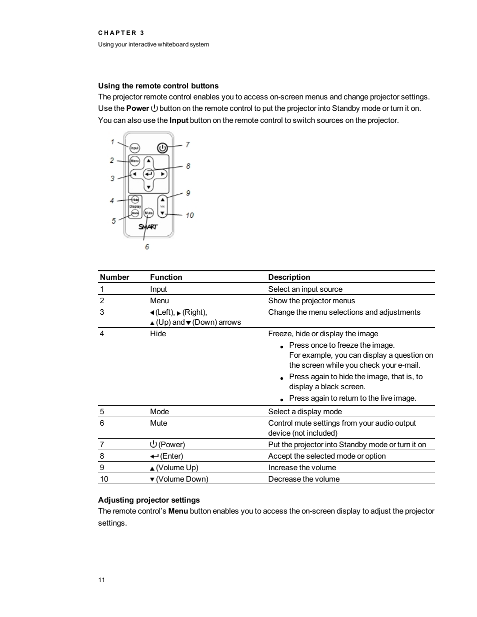 Using the remote control buttons, Adjusting projector settings | Smart Technologies SMARTBoard 480iv User Manual | Page 21 / 88