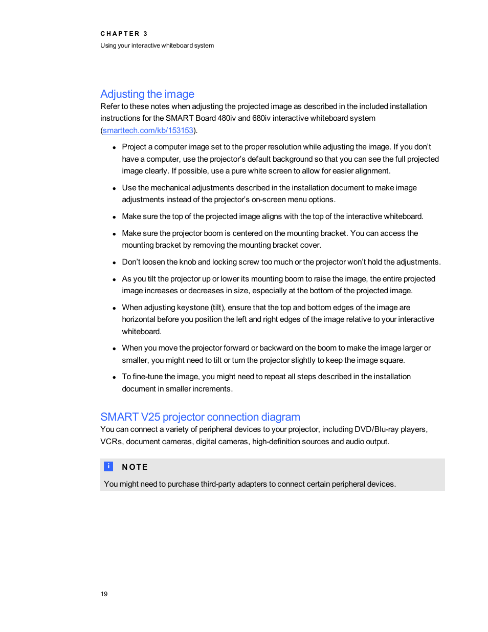 Adjusting the image, Smart v25 projector connection diagram | Smart Technologies SMARTBoard 480iv User Manual | Page 29 / 88