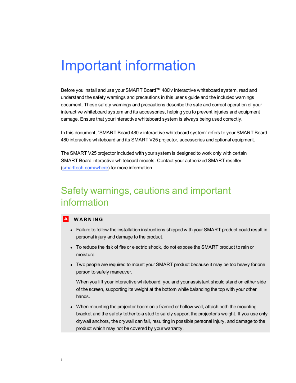 Important information | Smart Technologies SMARTBoard 480iv User Manual | Page 3 / 88