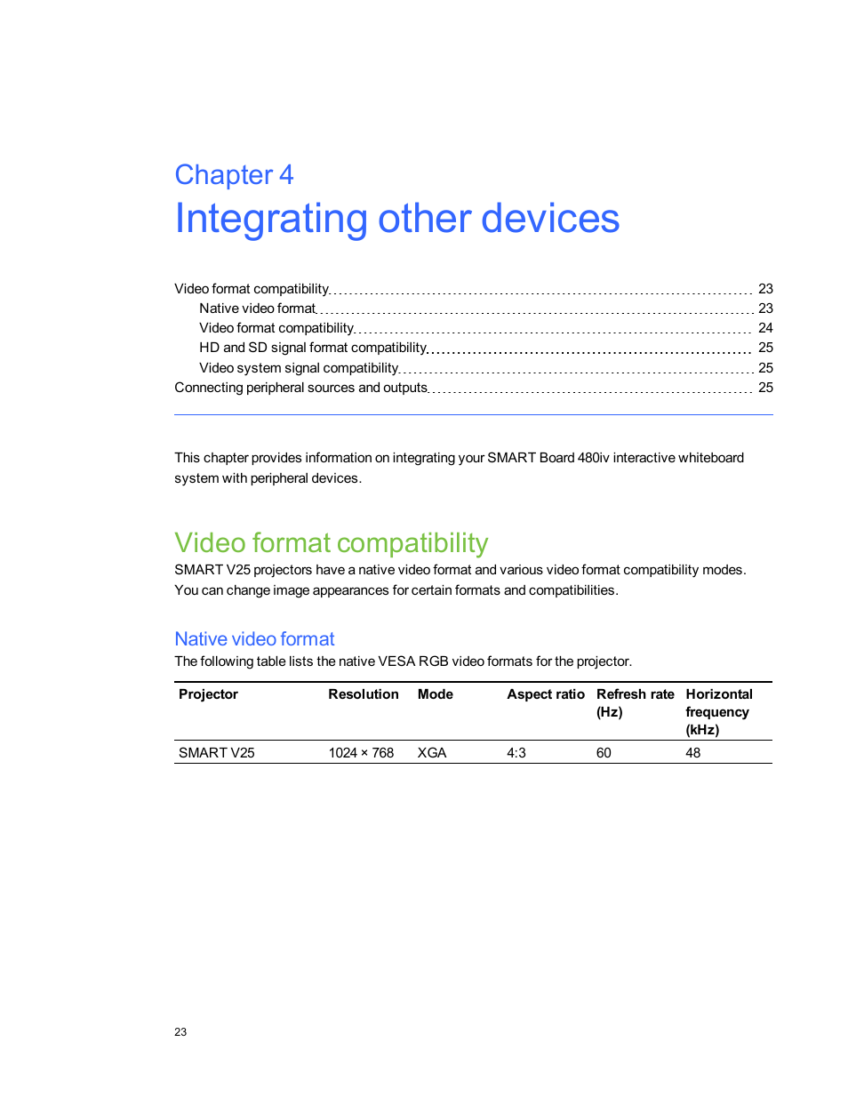 Chapter 4: integrating other devices, Video format compatibility, Native video format | Chapter 4 | Smart Technologies SMARTBoard 480iv User Manual | Page 33 / 88