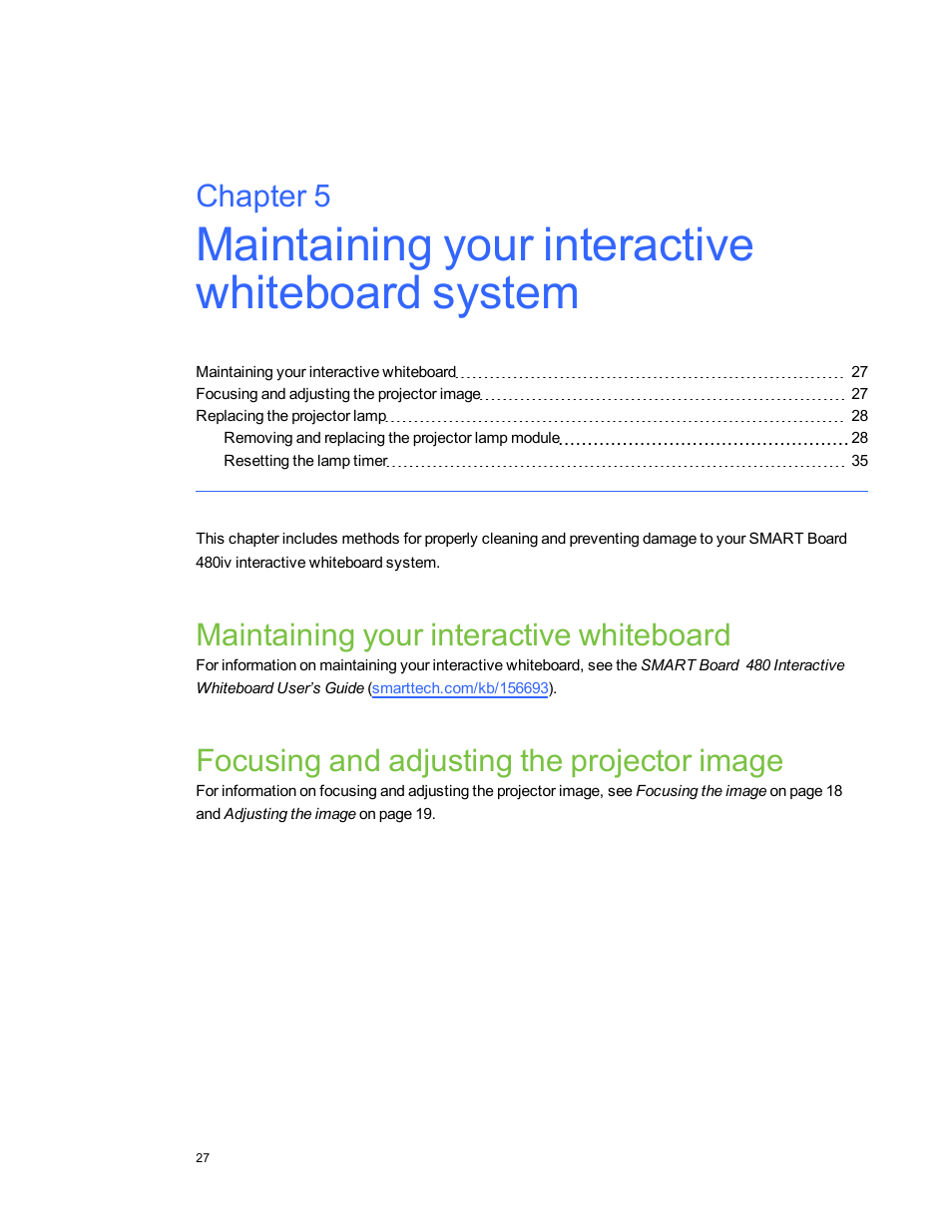 Maintaining your interactive whiteboard, Focusing and adjusting the projector image, Chapter 5 | Smart Technologies SMARTBoard 480iv User Manual | Page 37 / 88