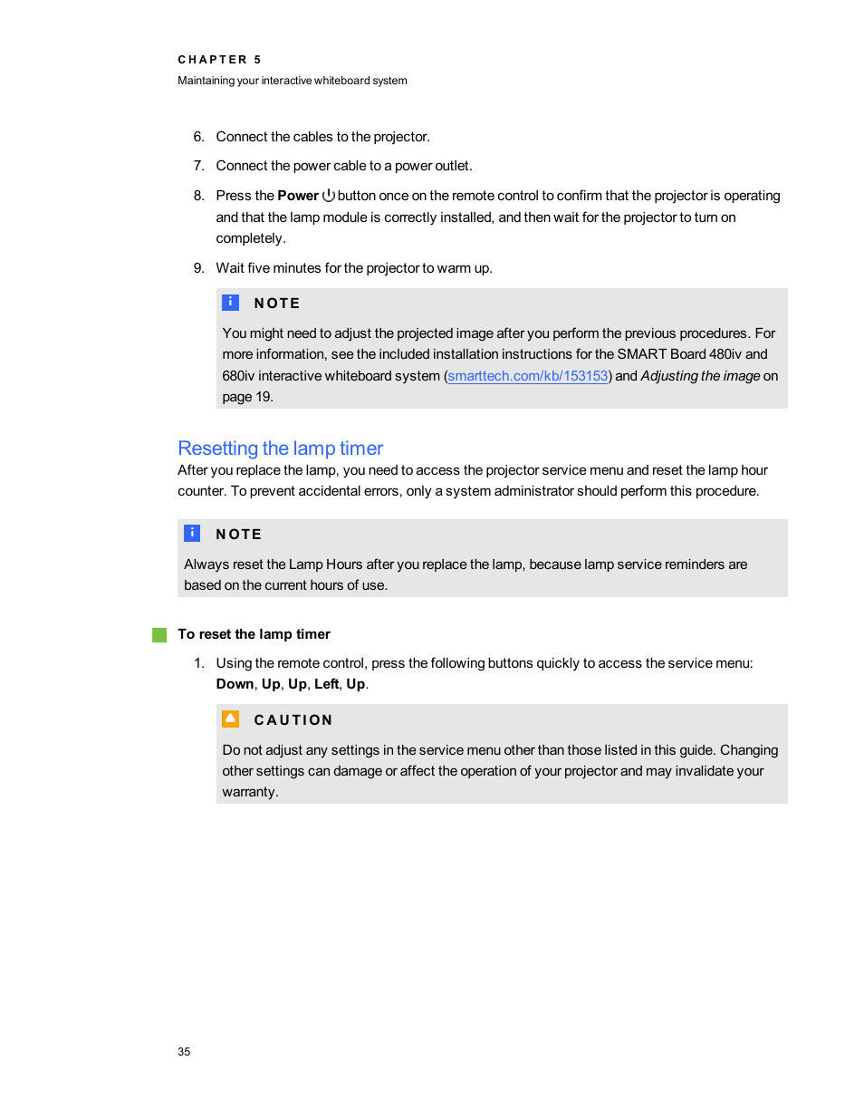 Resetting the lamp timer | Smart Technologies SMARTBoard 480iv User Manual | Page 45 / 88