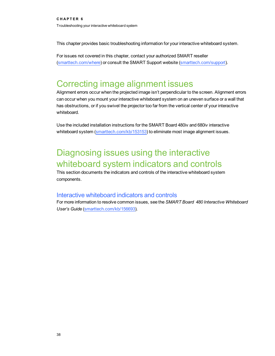 Correcting image alignment issues, Interactive whiteboard indicators and controls | Smart Technologies SMARTBoard 480iv User Manual | Page 48 / 88