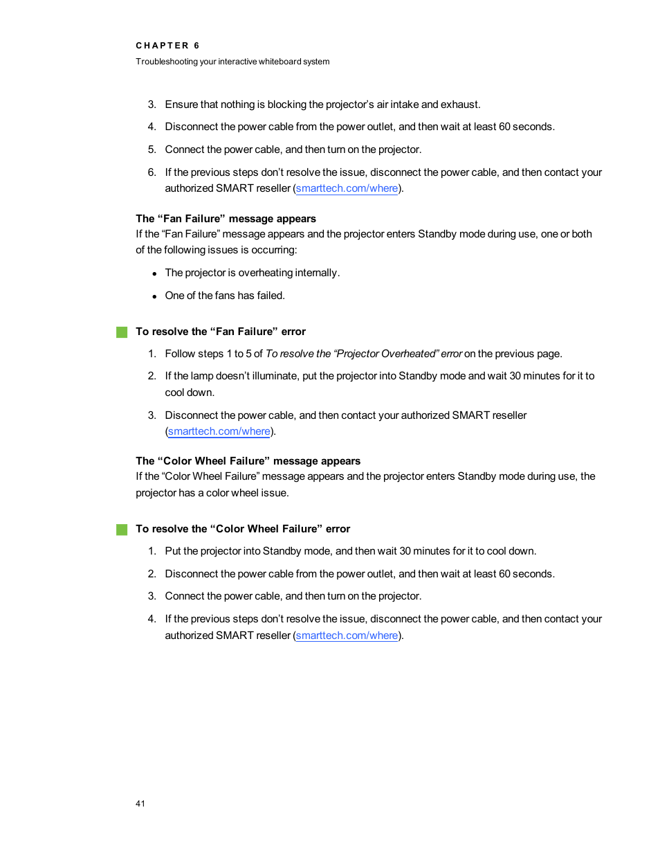 The “fan failure” message appears, The “color wheel failure” message appears | Smart Technologies SMARTBoard 480iv User Manual | Page 51 / 88