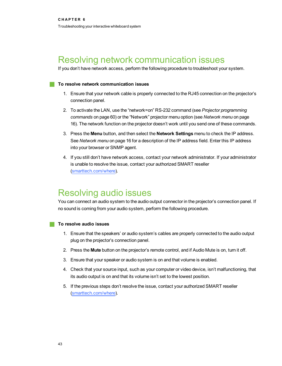 Resolving network communication issues, Resolving audio issues | Smart Technologies SMARTBoard 480iv User Manual | Page 53 / 88