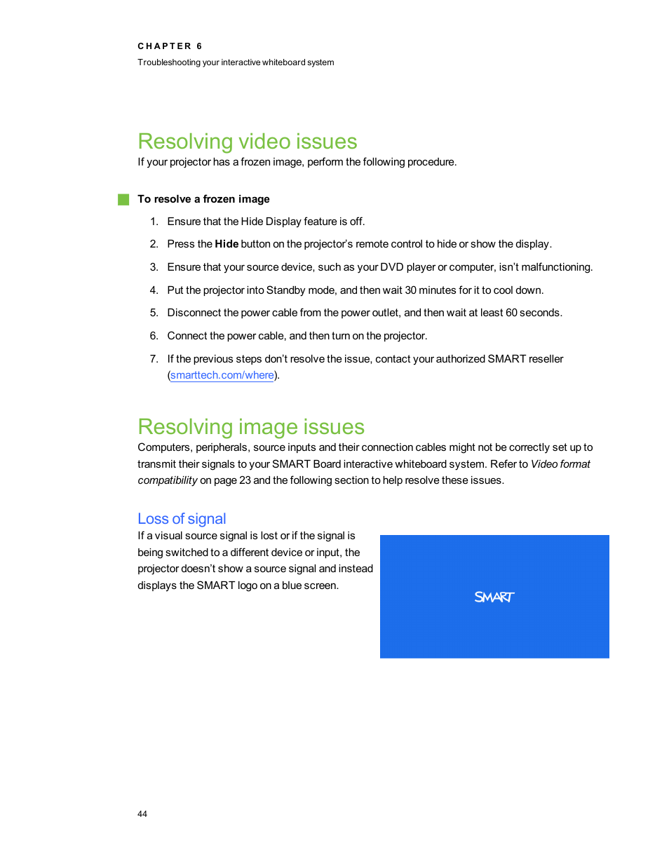 Resolving video issues, Resolving image issues, Loss of signal | Smart Technologies SMARTBoard 480iv User Manual | Page 54 / 88