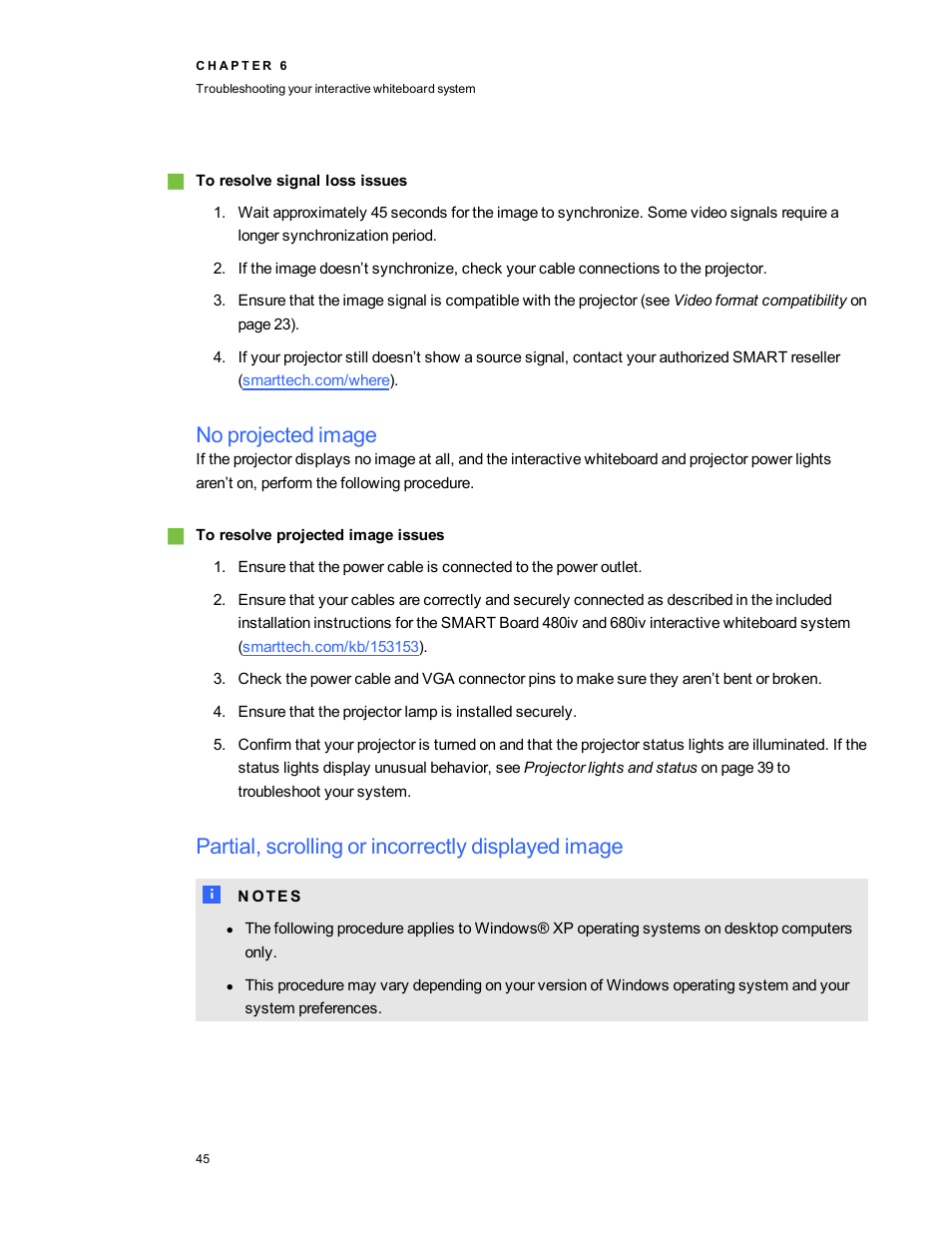 No projected image, Partial, scrolling or incorrectly displayed image | Smart Technologies SMARTBoard 480iv User Manual | Page 55 / 88