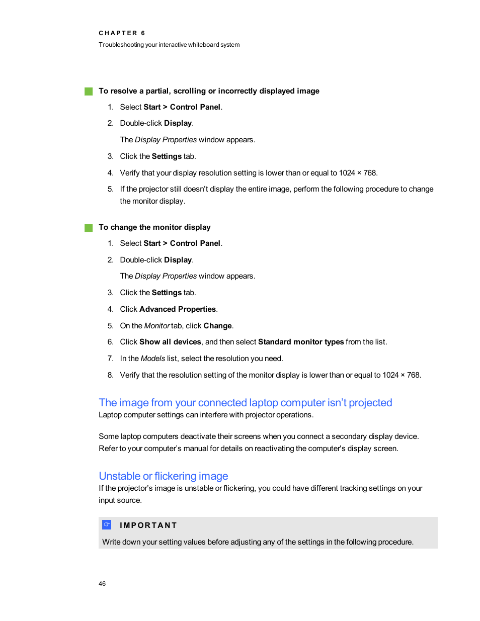 Unstable or flickering image | Smart Technologies SMARTBoard 480iv User Manual | Page 56 / 88