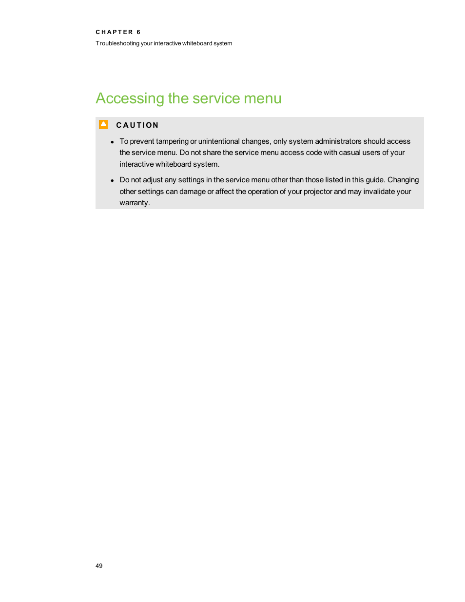 Accessing the service menu | Smart Technologies SMARTBoard 480iv User Manual | Page 59 / 88