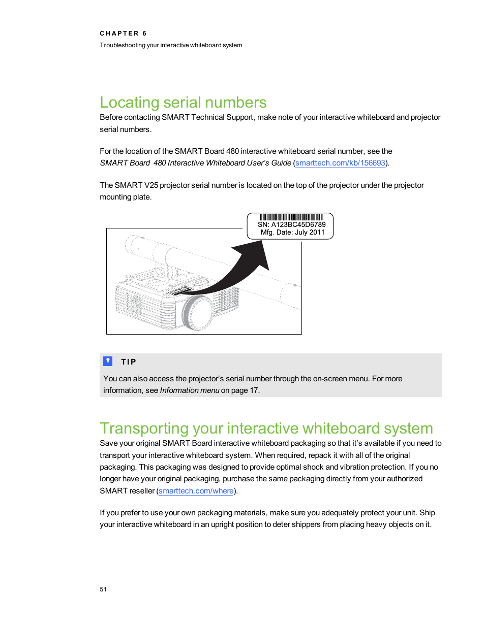Locating serial numbers, Transporting your interactive whiteboard system | Smart Technologies SMARTBoard 480iv User Manual | Page 61 / 88