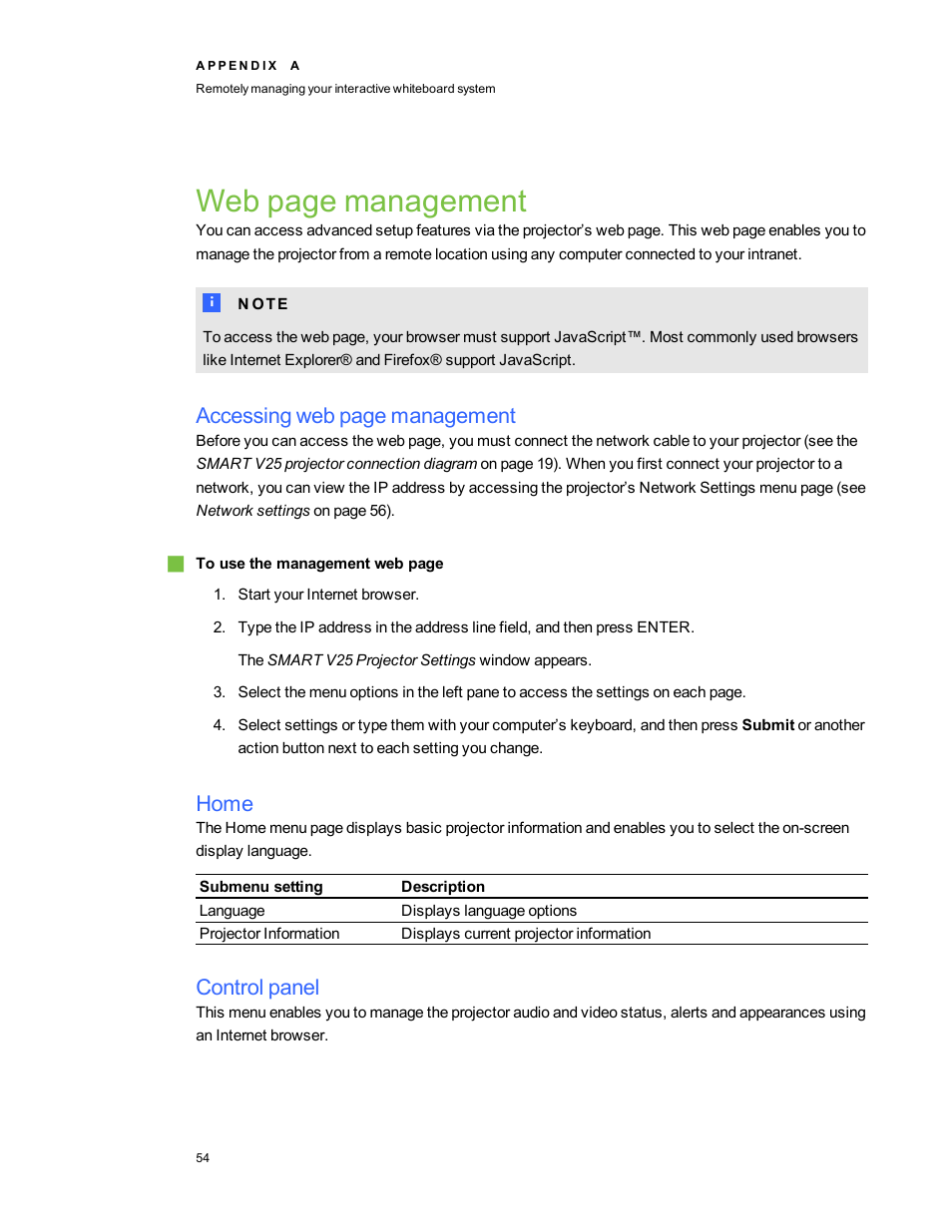 Home, Control panel, Web page management | Accessing web page management | Smart Technologies SMARTBoard 480iv User Manual | Page 64 / 88