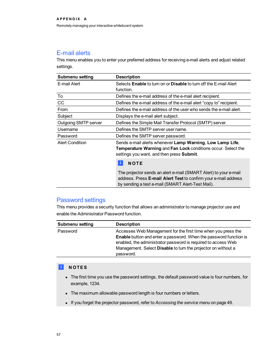 E-mail alerts, Password settings | Smart Technologies SMARTBoard 480iv User Manual | Page 67 / 88