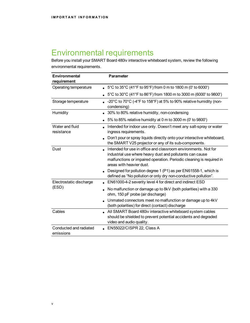 Environmental requirements | Smart Technologies SMARTBoard 480iv User Manual | Page 7 / 88