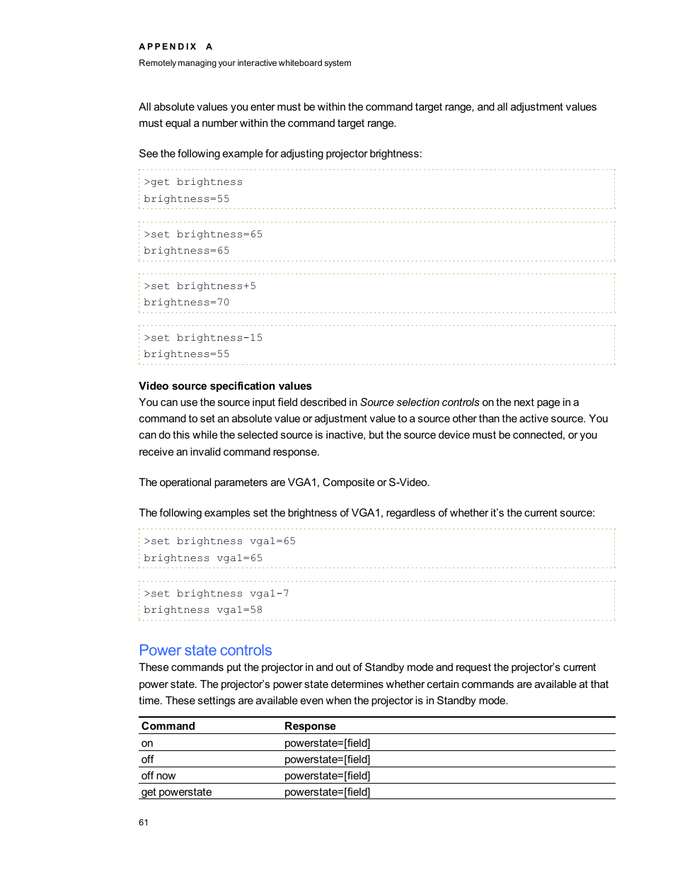 Video source specification values, Power state controls | Smart Technologies SMARTBoard 480iv User Manual | Page 71 / 88