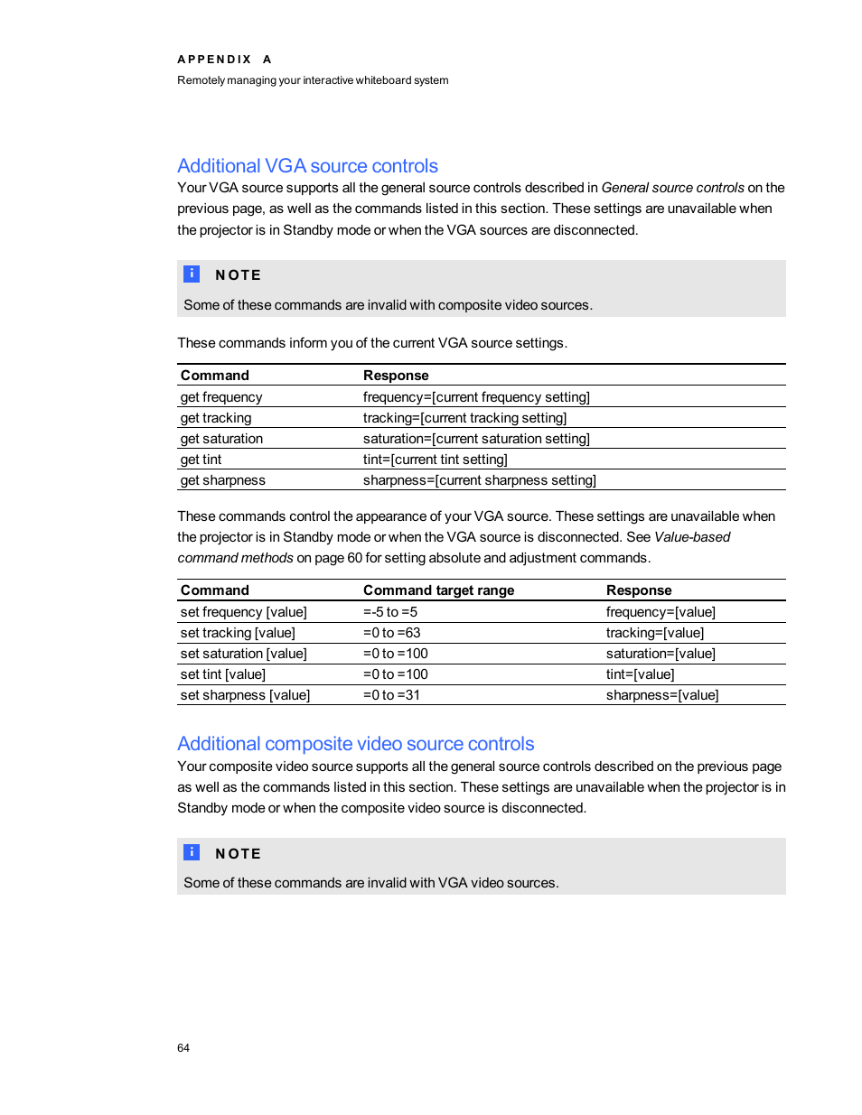 Additional vga source controls, Additional composite video source controls | Smart Technologies SMARTBoard 480iv User Manual | Page 74 / 88