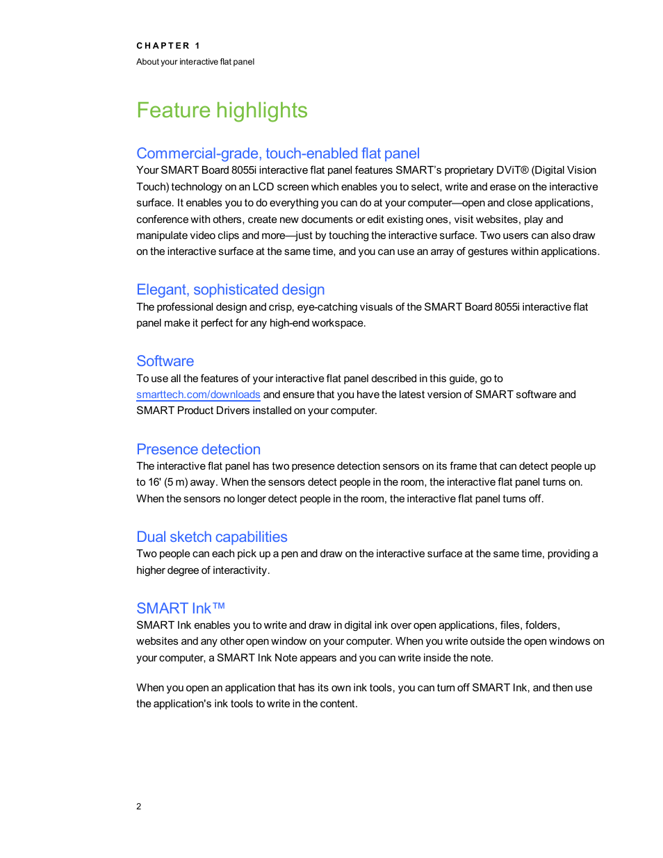 Feature highlights, Commercial-grade, touch-enabled flat panel, Elegant, sophisticated design | Software, Presence detection, Dual sketch capabilities, Smart ink | Smart Technologies Smart Board 6055i/8055i SMP/8055ie-SMP User Manual | Page 10 / 96