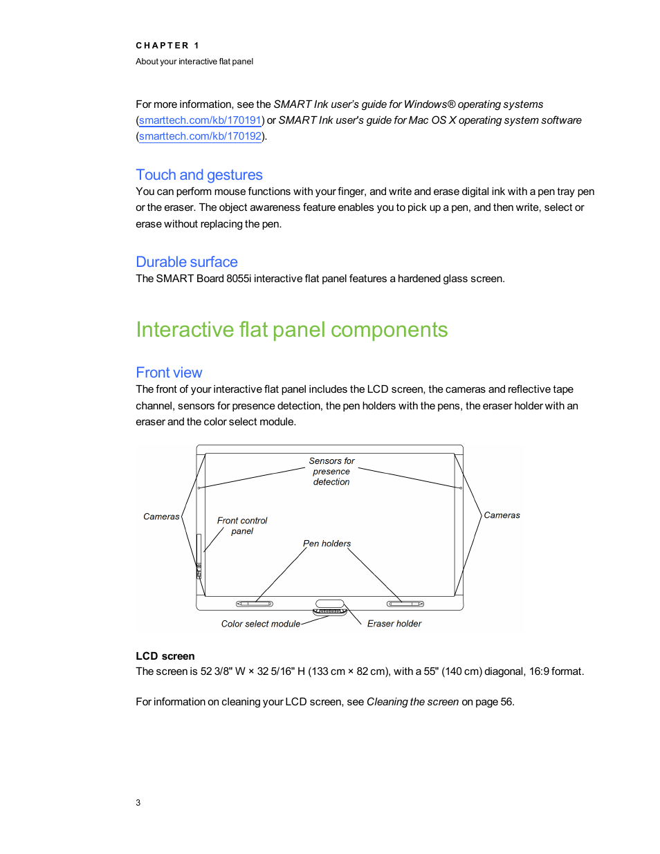 Touch and gestures, Durable surface, Interactive flat panel components | Front view, Lcd screen | Smart Technologies Smart Board 6055i/8055i SMP/8055ie-SMP User Manual | Page 11 / 96
