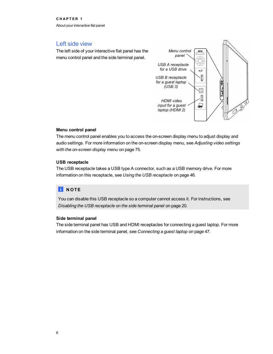 Left side view, Menu control panel, Usb receptacle | Side terminal panel | Smart Technologies Smart Board 6055i/8055i SMP/8055ie-SMP User Manual | Page 14 / 96