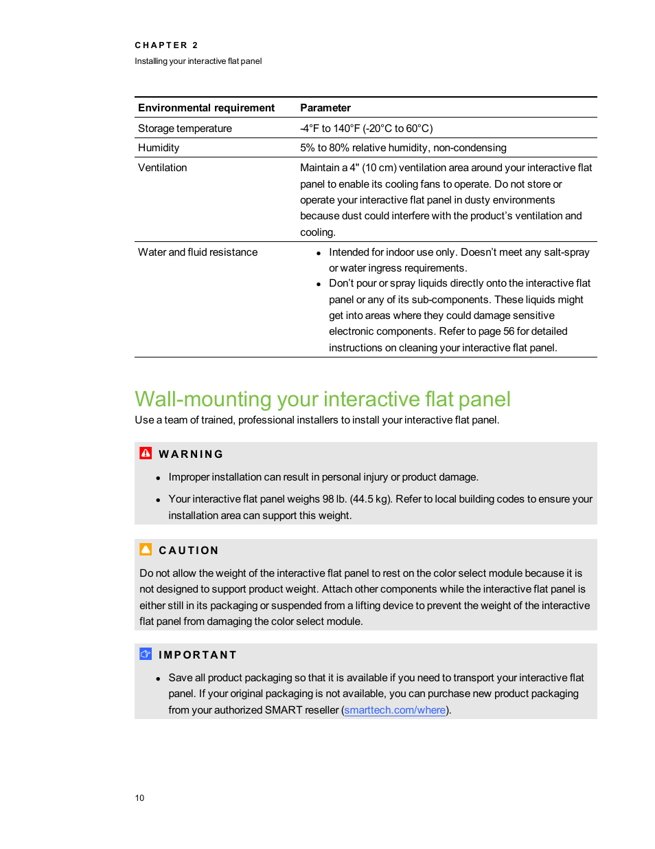 Wall-mounting your interactive flat panel | Smart Technologies Smart Board 6055i/8055i SMP/8055ie-SMP User Manual | Page 18 / 96