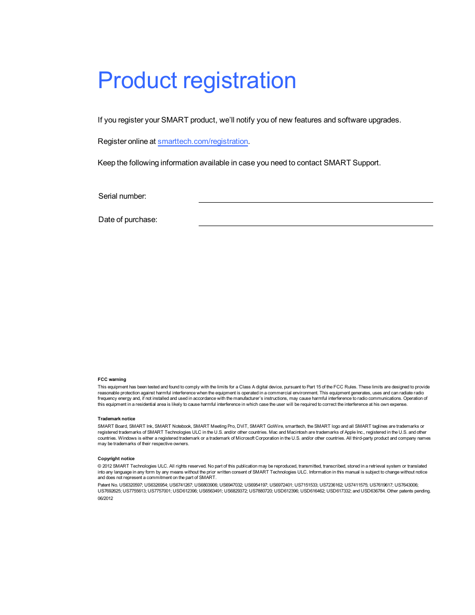 Product registration | Smart Technologies Smart Board 6055i/8055i SMP/8055ie-SMP User Manual | Page 2 / 96