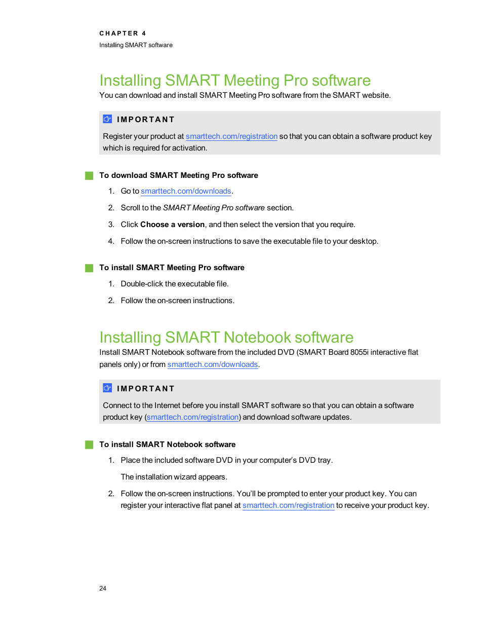 Installing smart meeting pro software, Installing smart notebook software | Smart Technologies Smart Board 6055i/8055i SMP/8055ie-SMP User Manual | Page 32 / 96