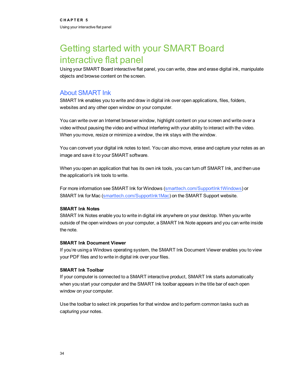 About smart ink, Smart ink notes, Smart ink document viewer | Smart ink toolbar | Smart Technologies Smart Board 6055i/8055i SMP/8055ie-SMP User Manual | Page 42 / 96