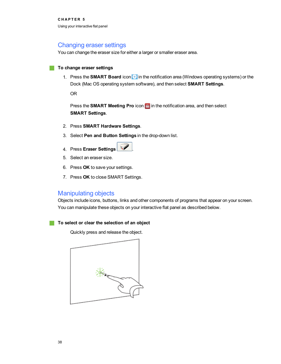 Changing eraser settings, Manipulating objects | Smart Technologies Smart Board 6055i/8055i SMP/8055ie-SMP User Manual | Page 46 / 96
