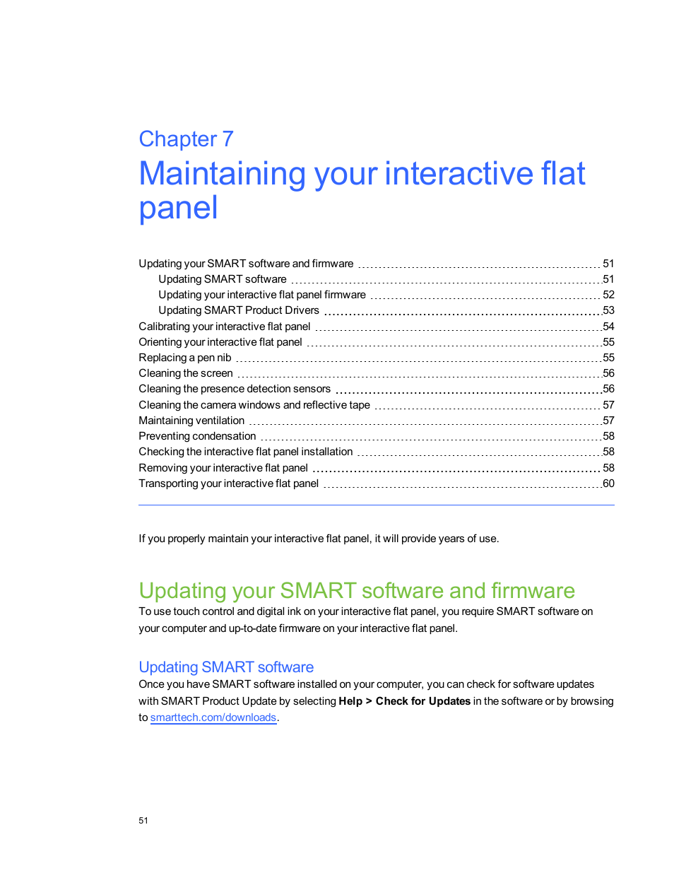Chapter 7: maintaining your interactive flat panel, Updating your smart software and firmware, Updating smart software | Chapter 7 | Smart Technologies Smart Board 6055i/8055i SMP/8055ie-SMP User Manual | Page 59 / 96