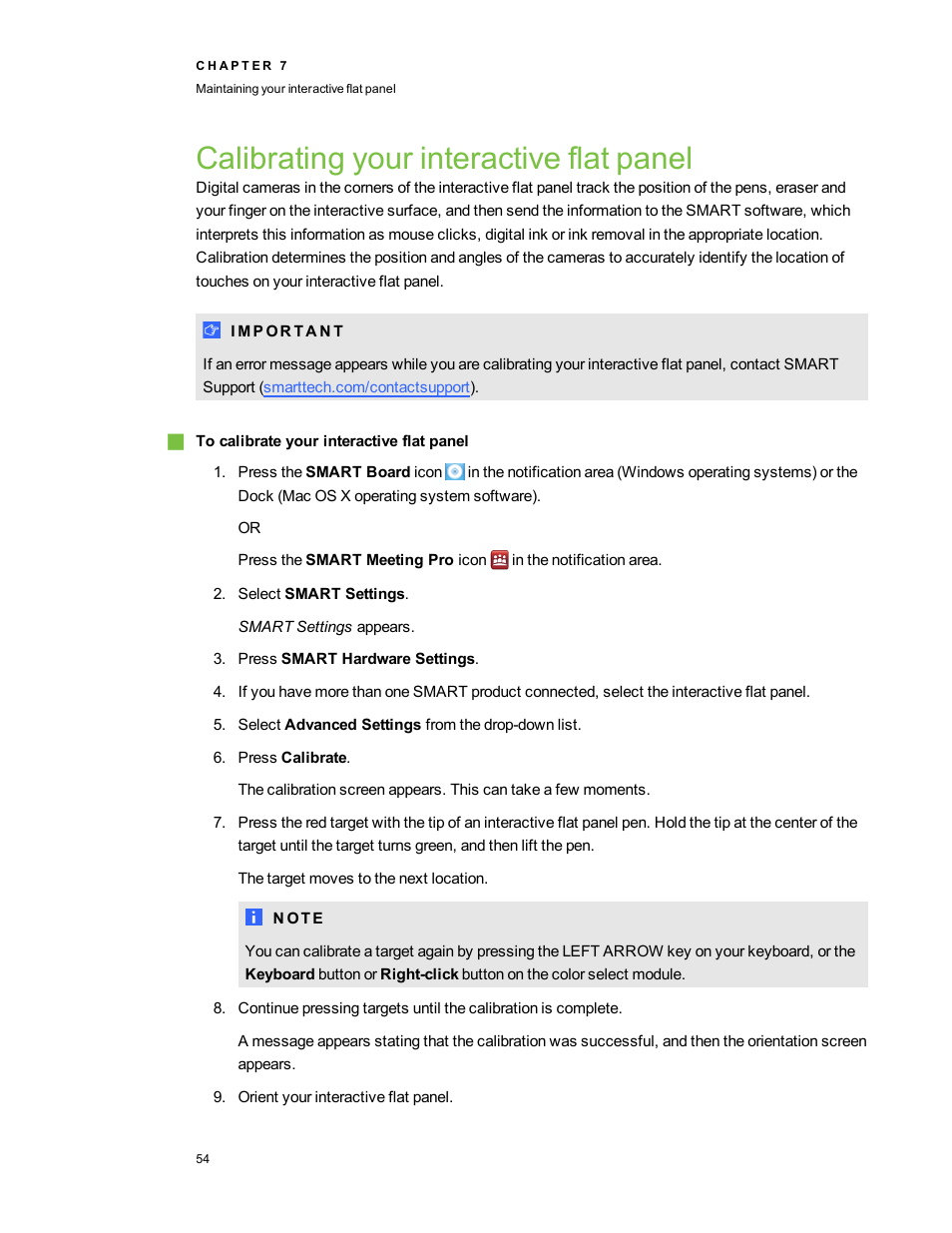 Calibrating your interactive flat panel | Smart Technologies Smart Board 6055i/8055i SMP/8055ie-SMP User Manual | Page 62 / 96