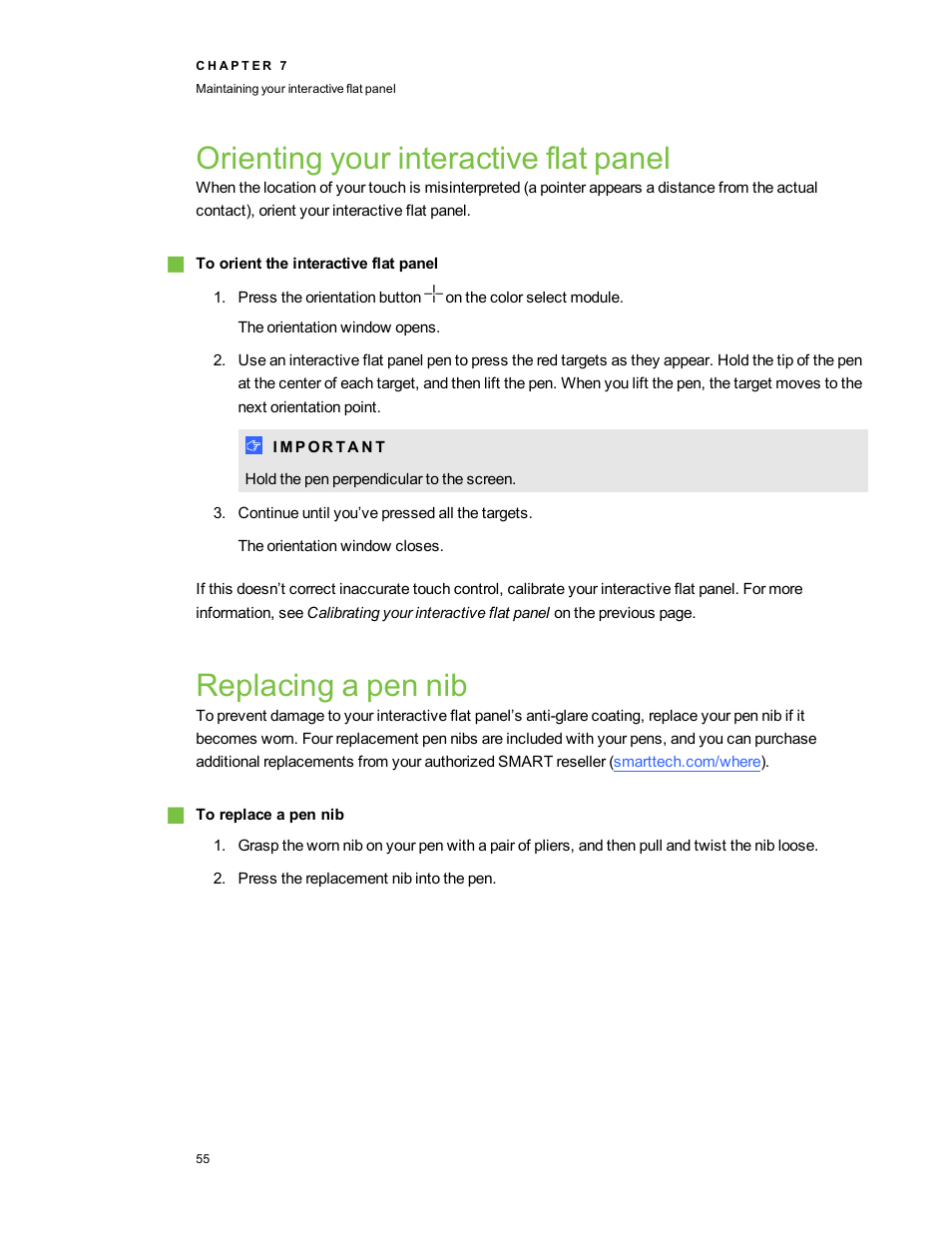 Orienting your interactive flat panel, Replacing a pen nib | Smart Technologies Smart Board 6055i/8055i SMP/8055ie-SMP User Manual | Page 63 / 96