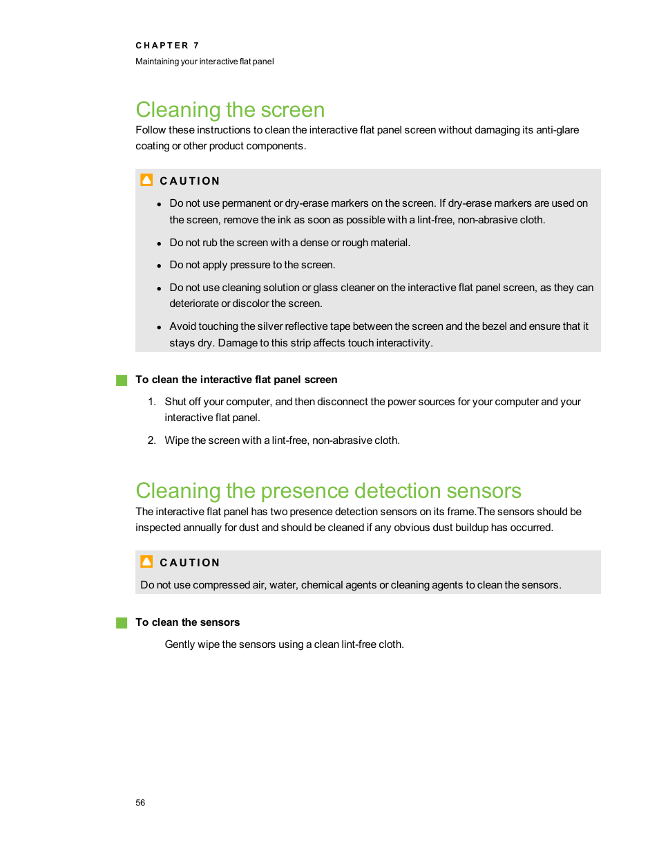 Cleaning the screen, Cleaning the presence detection sensors | Smart Technologies Smart Board 6055i/8055i SMP/8055ie-SMP User Manual | Page 64 / 96