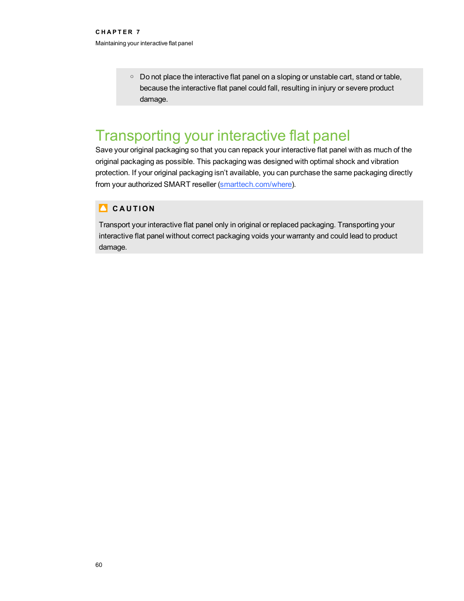 Transporting your interactive flat panel | Smart Technologies Smart Board 6055i/8055i SMP/8055ie-SMP User Manual | Page 68 / 96