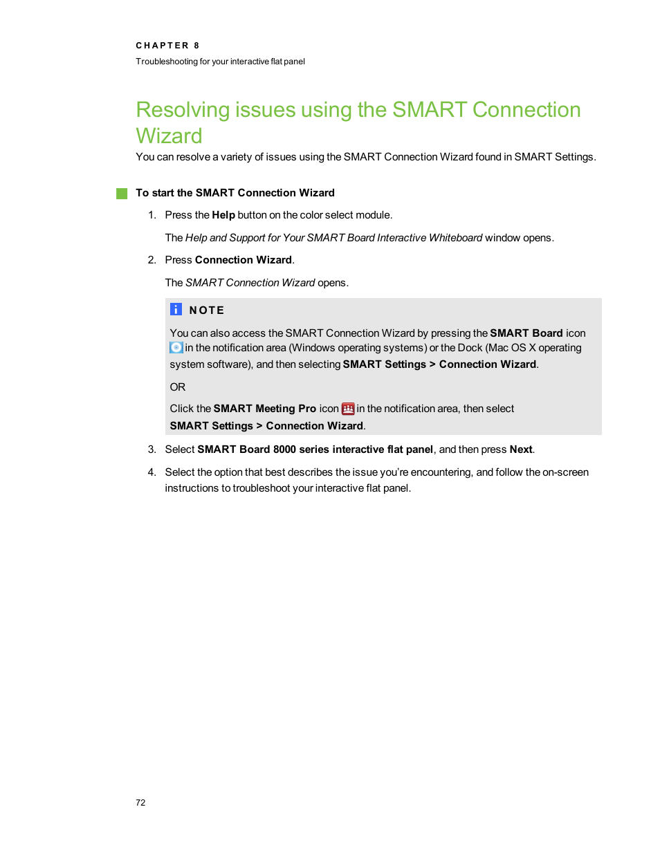 Resolving issues using the smart connection wizard | Smart Technologies Smart Board 6055i/8055i SMP/8055ie-SMP User Manual | Page 80 / 96