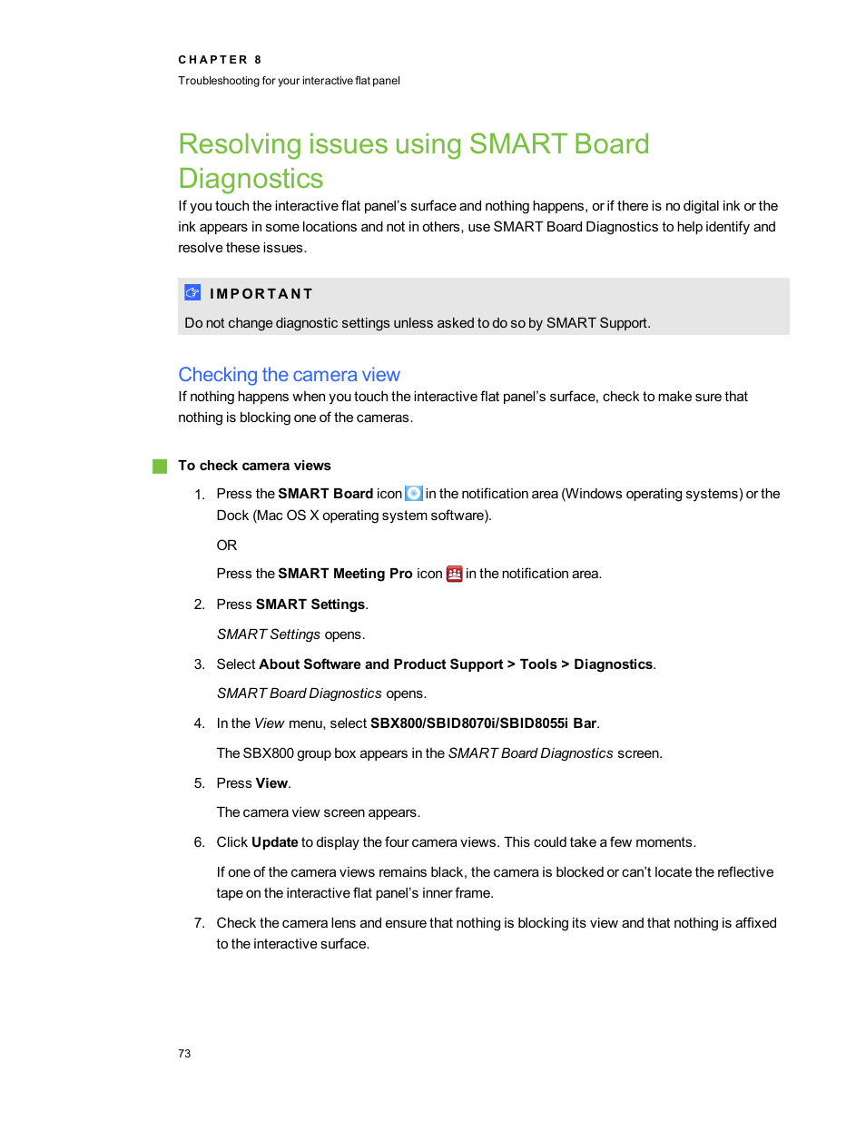 Resolving issues using smart board diagnostics, Checking the camera view | Smart Technologies Smart Board 6055i/8055i SMP/8055ie-SMP User Manual | Page 81 / 96