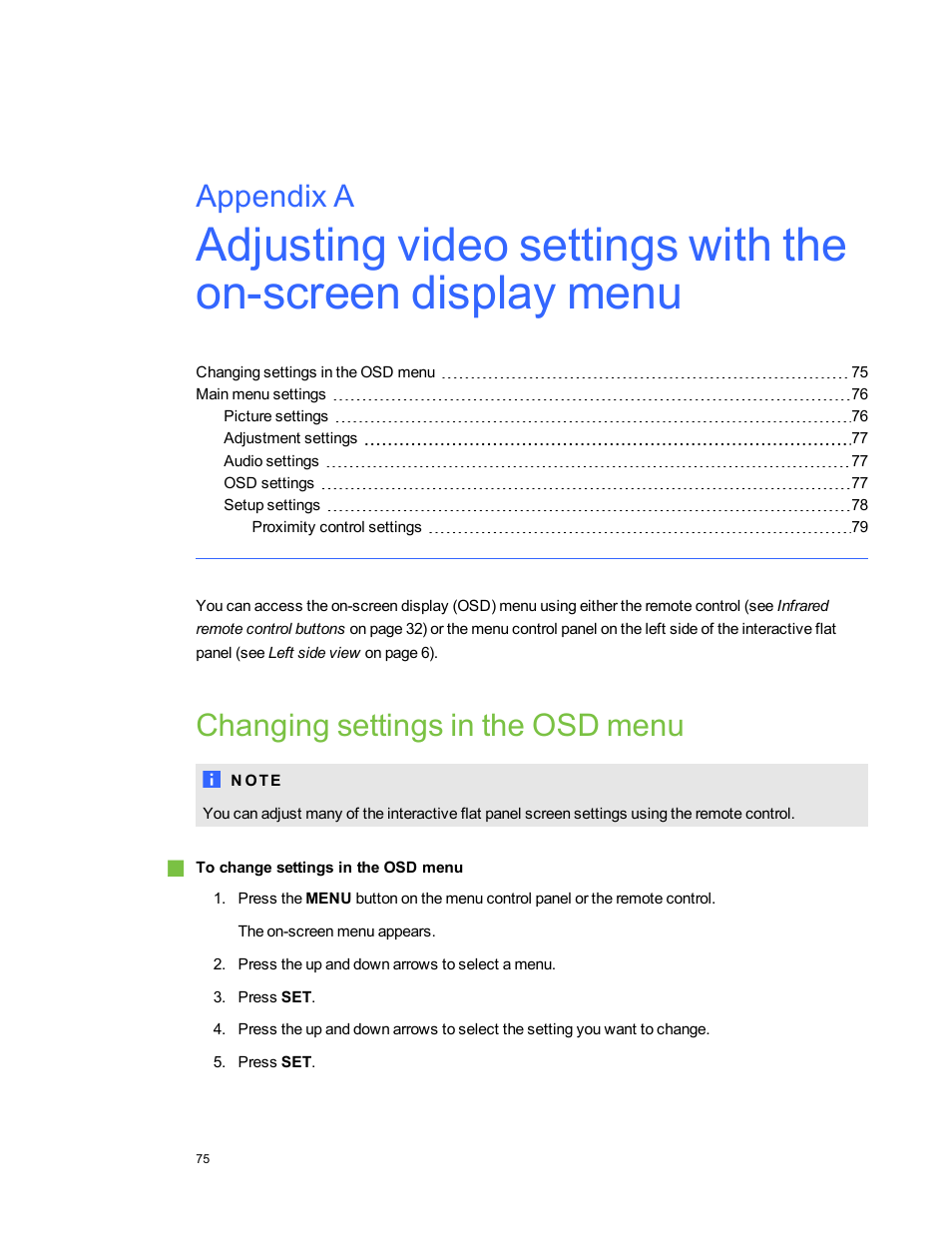 Changing settings in the osd menu, Adjusting video settings, Appendix a | Smart Technologies Smart Board 6055i/8055i SMP/8055ie-SMP User Manual | Page 83 / 96