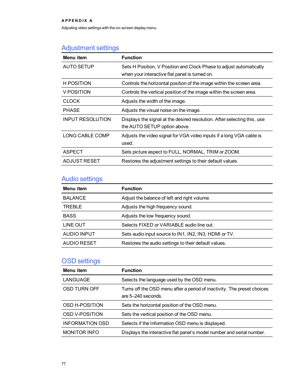 Adjustment settings, Audio settings, Osd settings | Smart Technologies Smart Board 6055i/8055i SMP/8055ie-SMP User Manual | Page 85 / 96