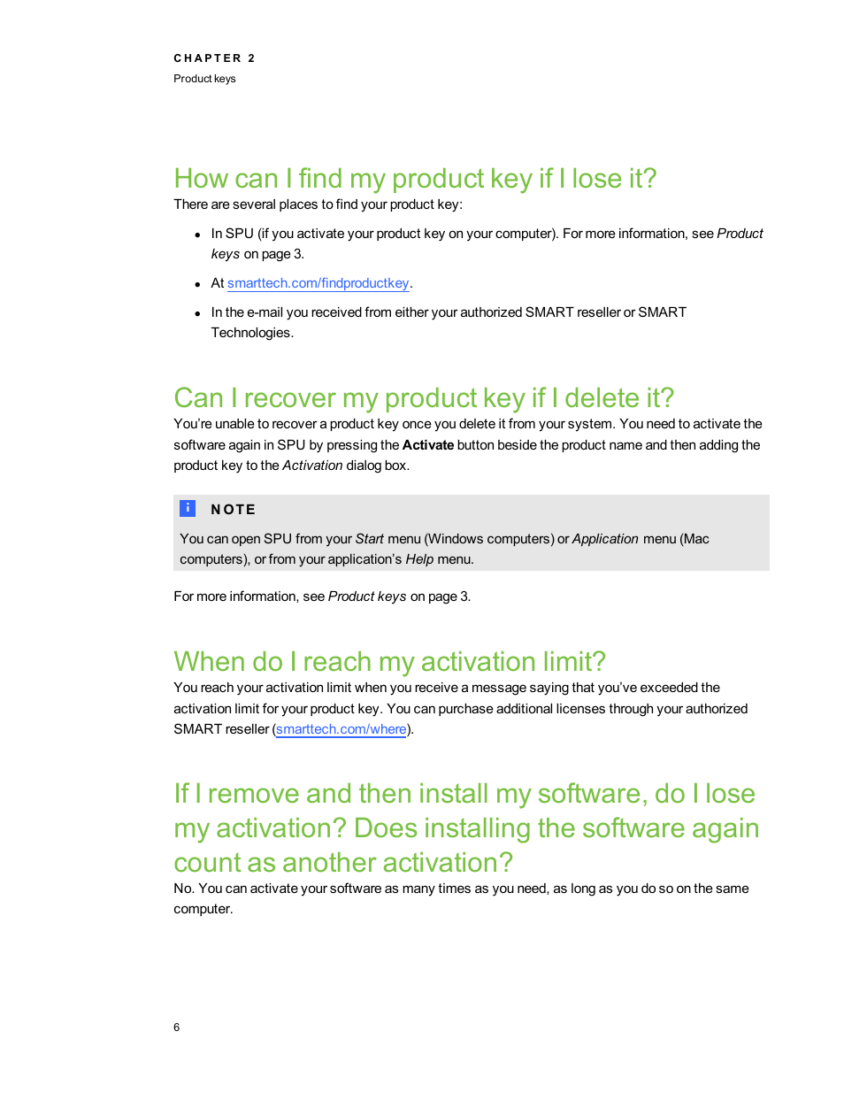 How can i find my product key if i lose it, Can i recover my product key if i delete it, When do i reach my activation limit | Again count as another activation, Count as another activation | Smart Technologies Education Software Installer 2011 User Manual | Page 10 / 32