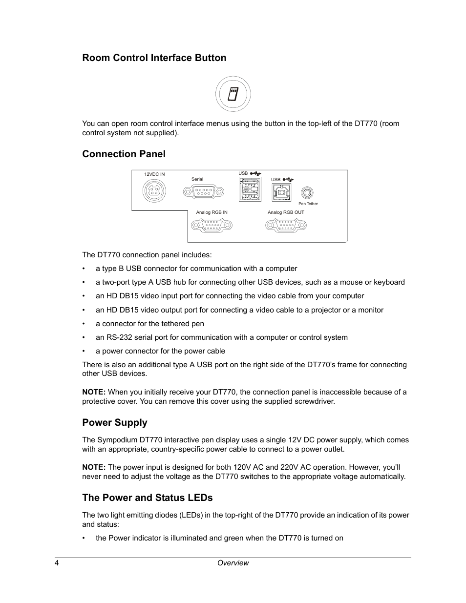 Room control interface button, Connection panel, Power supply | The power and status leds | Smart Technologies iNTERACTIVE PEN DISPLAY DT770. User Manual | Page 10 / 43