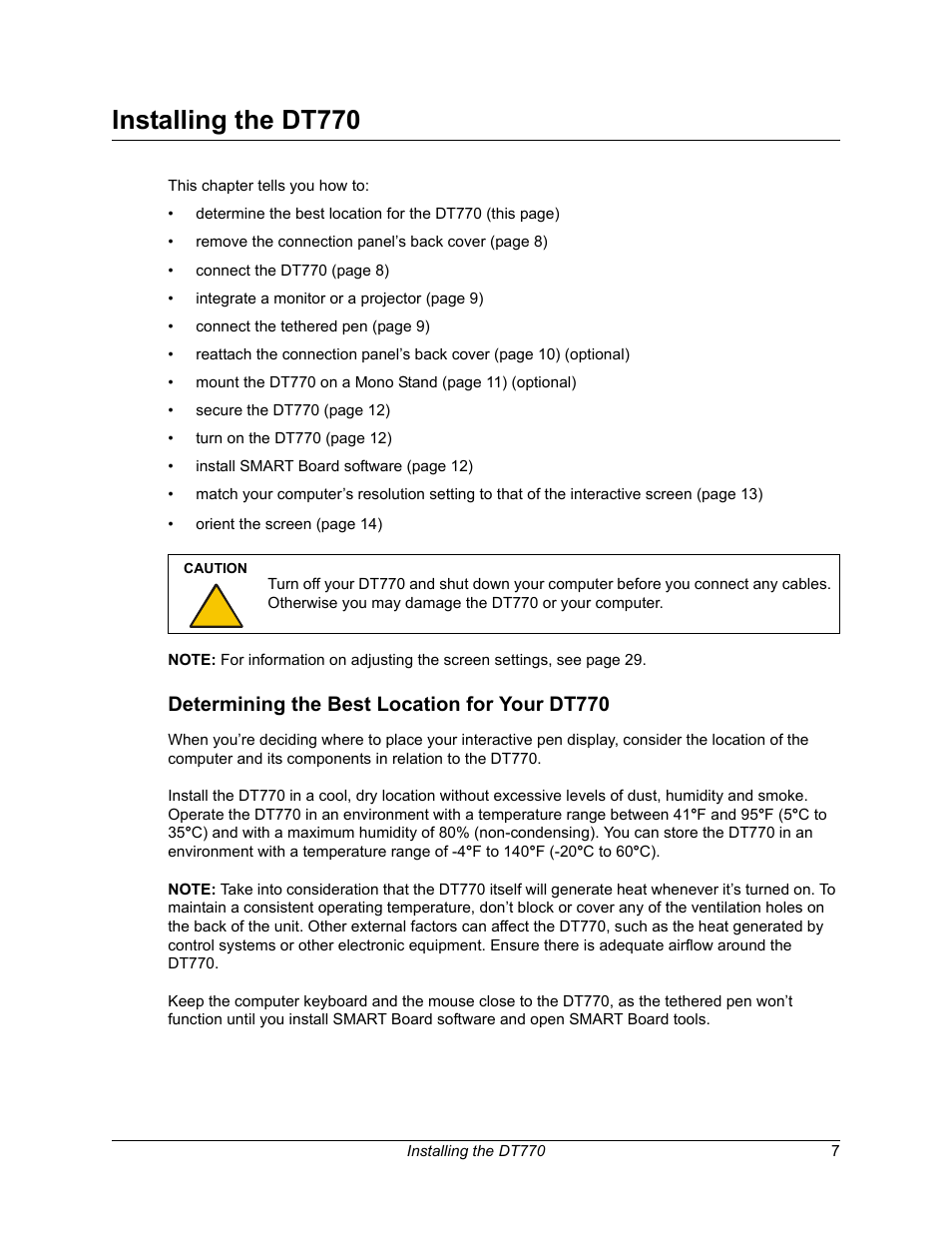 Installing the dt770, Determining the best location for your dt770 | Smart Technologies iNTERACTIVE PEN DISPLAY DT770. User Manual | Page 13 / 43