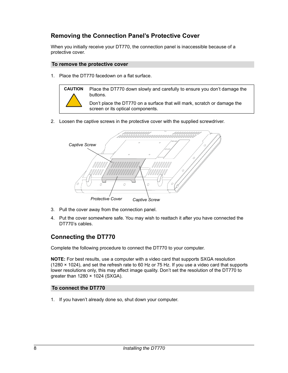 Removing the connection panel’s protective cover, Connecting the dt770 | Smart Technologies iNTERACTIVE PEN DISPLAY DT770. User Manual | Page 14 / 43