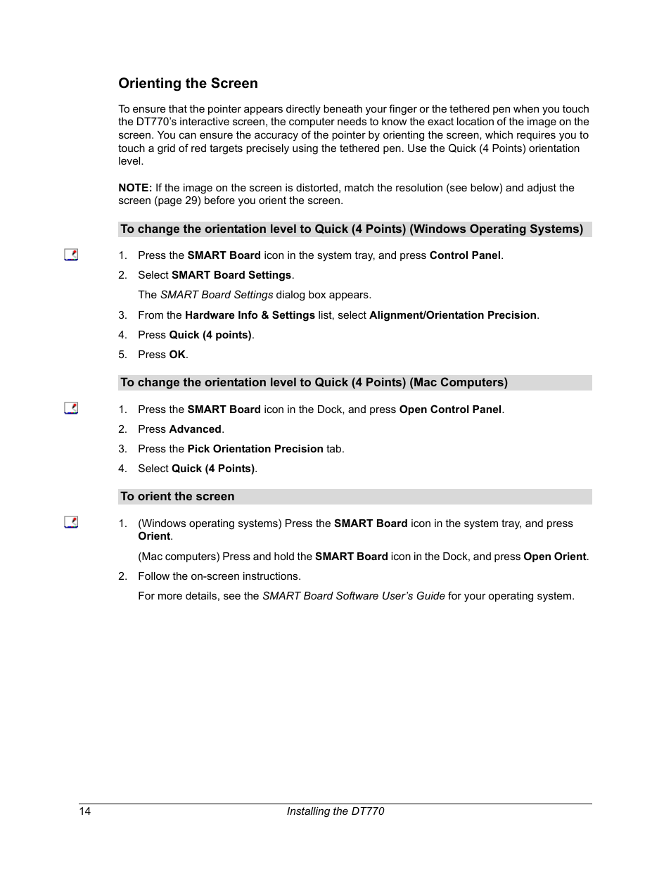 Orienting the screen | Smart Technologies iNTERACTIVE PEN DISPLAY DT770. User Manual | Page 20 / 43