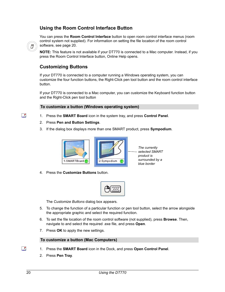 Using the room control interface button, Customizing buttons | Smart Technologies iNTERACTIVE PEN DISPLAY DT770. User Manual | Page 26 / 43