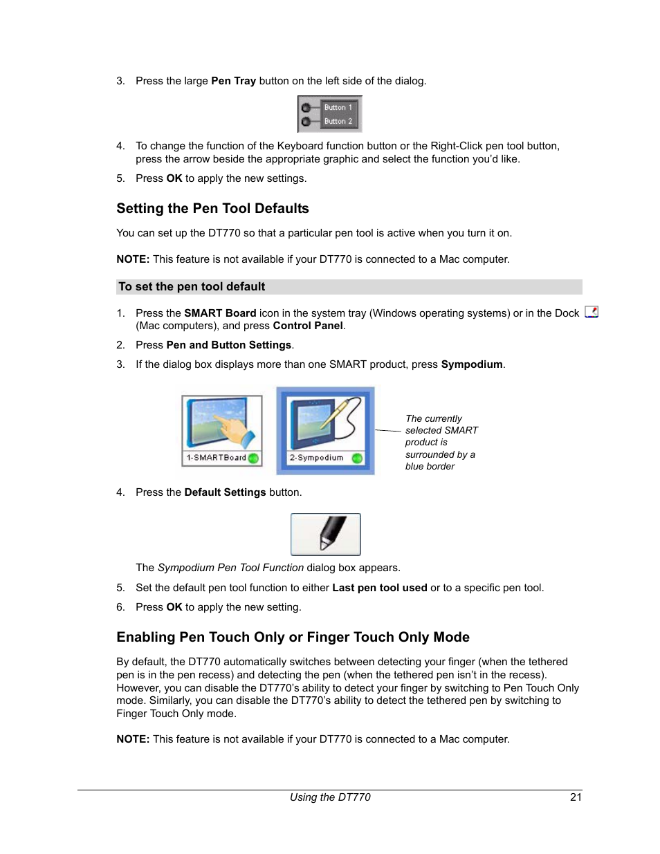 Setting the pen tool defaults, Enabling pen touch only or finger touch only mode | Smart Technologies iNTERACTIVE PEN DISPLAY DT770. User Manual | Page 27 / 43