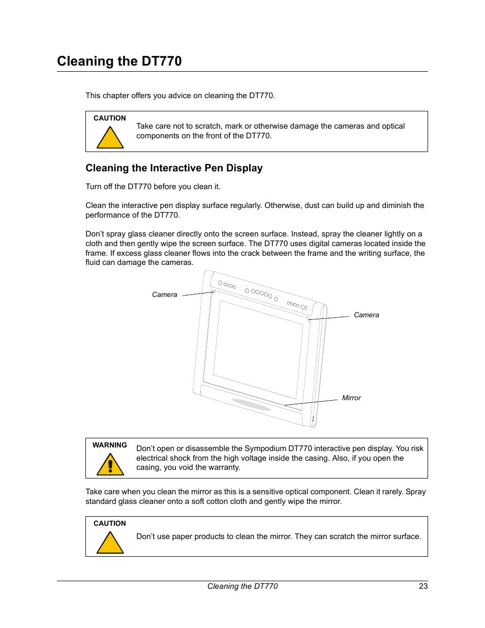 Cleaning the dt770, Cleaning the interactive pen display | Smart Technologies iNTERACTIVE PEN DISPLAY DT770. User Manual | Page 29 / 43